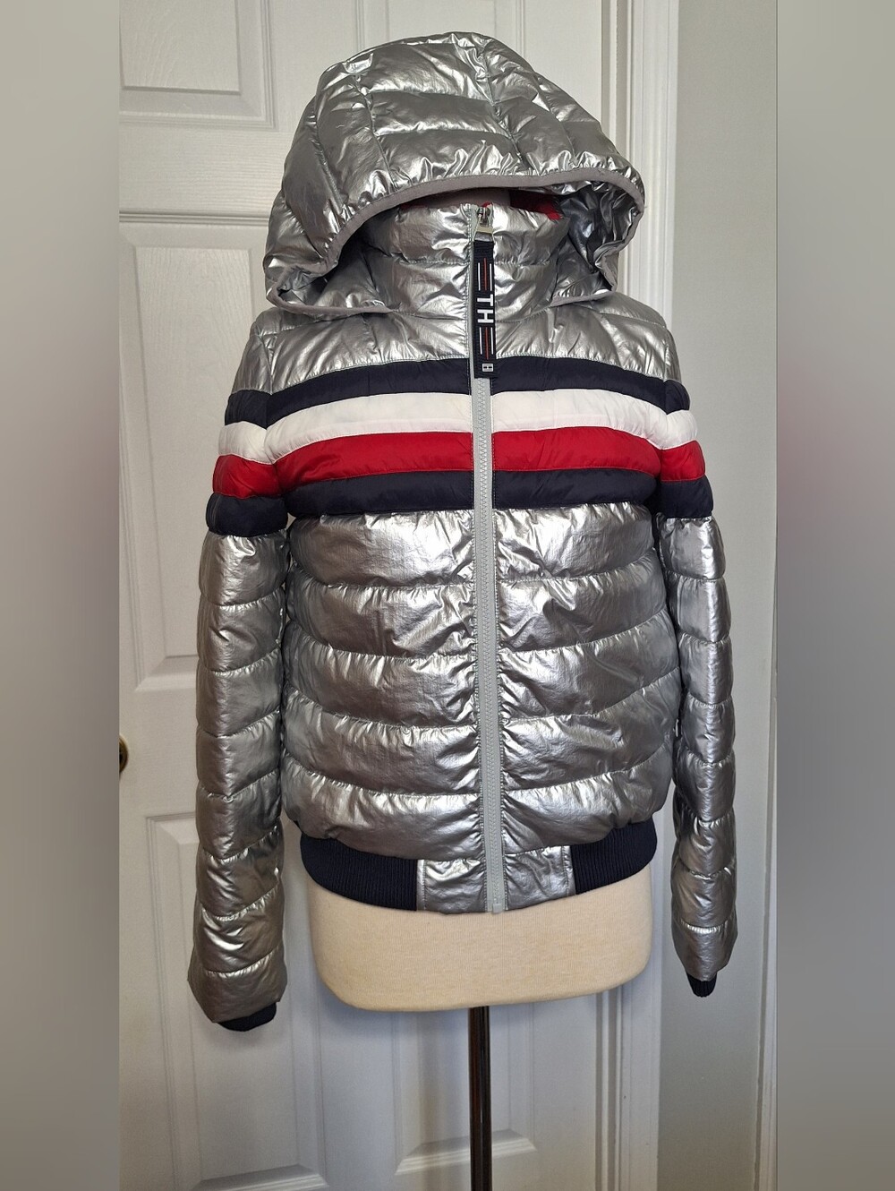 Tommy Hilfiger Women's Small Silver Metallic Tri Color Block Hooded Jacket